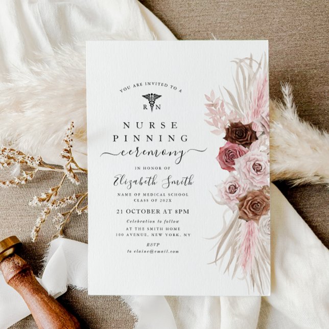elegant dusty rose floral nurse pinning ceremony invitation (Creator Uploaded)
