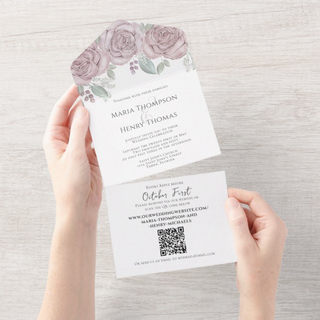 Elegant Dusty Rose Floral QR Code Wedding Budget  All In One Invitation (Tearaway)