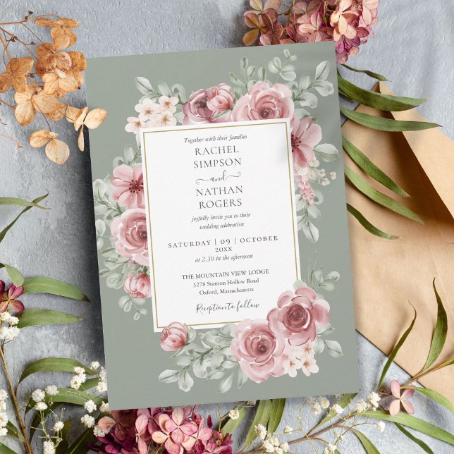 Elegant Dusty Rose Floral Sage Green Wedding Invitation (Elegant Dusty Rose Floral Sage Green Wedding Invitation)