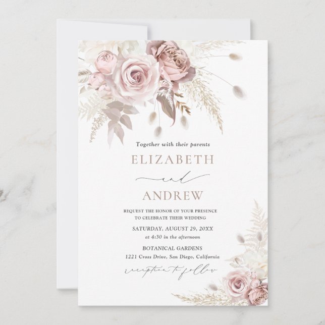 Elegant Dusty Rose Floral Wedding Invitation (Front)