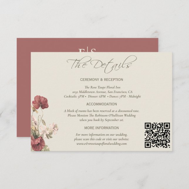 Elegant Dusty Rose Floral Wedding The Details Enclosure Card (Front/Back)