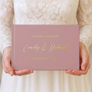 Elegant Dusty Rose Gold Calligraphy Wedding Photo Guest Book