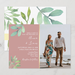Elegant Dusty Rose Greenery Wedding Photo Invitation
