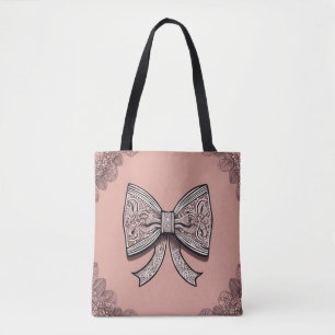 Elegant Dusty Rose Lace Bow & Ornate Coquette Tote Bag