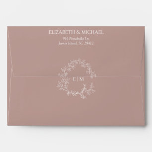Elegant Dusty Rose Leafy Crest Monogram Wedding Envelope
