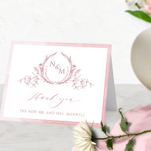 Elegant Dusty Rose Monogram, Watercolor Wedding Thank You Card