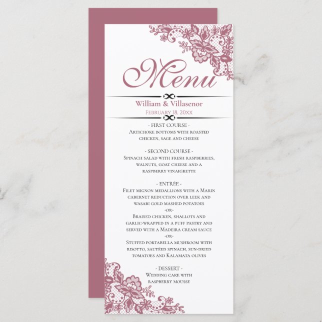 Elegant Dusty Rose on White Wedding Menu (Front/Back)