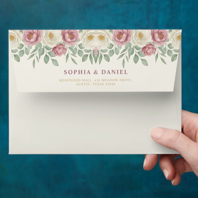 Elegant Dusty Rose Peony Floral Wedding Envelope (Hand)