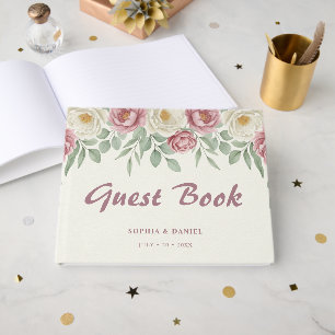 Elegant Dusty Rose Peony Floral Wedding Guest Book