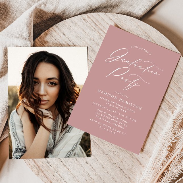 Elegant Dusty Rose Photo Graduation Party Invitation (Creator Uploaded)