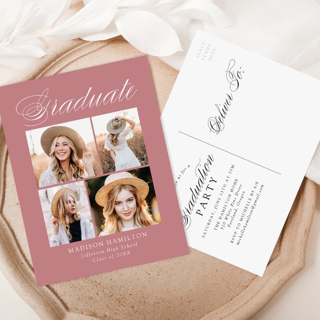 Elegant  Dusty Rose Photo Graduation Party Invitation Postcard (Creator Uploaded)