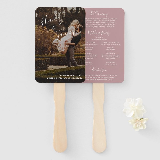 Elegant Dusty Rose Photo Modern Wedding Program Hand Fan (Front and Back)