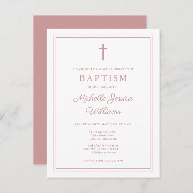 Elegant Dusty Rose Pink Border Baptism Invitation Postcard (Front/Back)