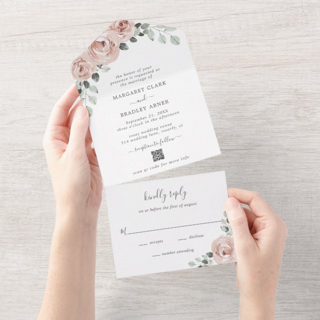 Elegant Dusty Rose Pink Floral QR Code Wedding All In One Invitation (Tearaway)