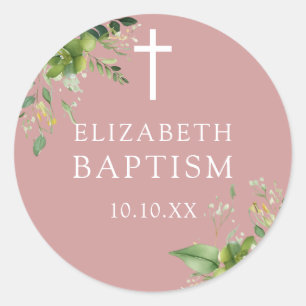 Elegant Dusty Rose Pink Greenery Baptism Favour Classic Round Sticker