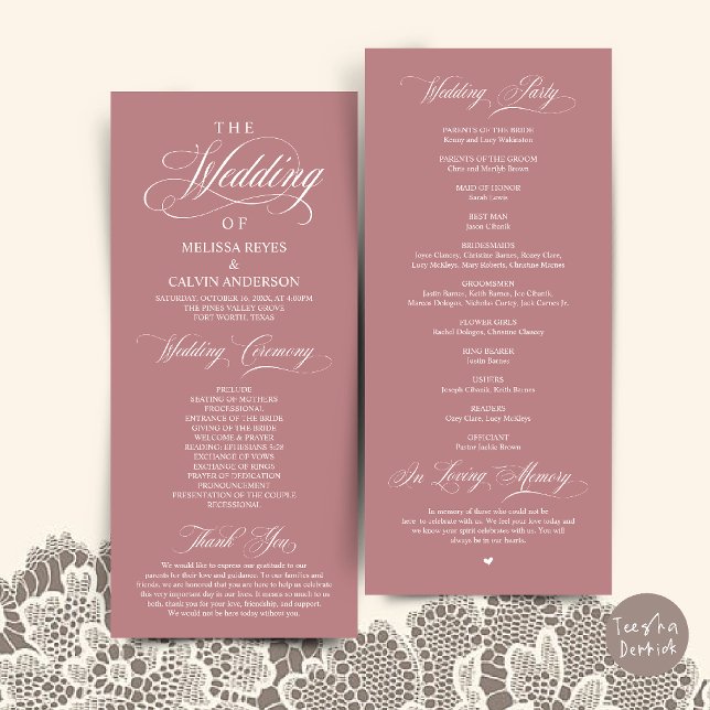 Elegant Dusty Rose Pink Script Wedding Ceremony Programme (Elegant Dusty Rose Pink Script Wedding Ceremony Order Program Card)