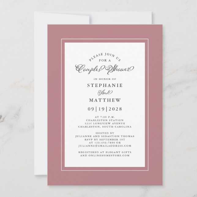 Elegant Dusty Rose Pink Wedding Couples Shower Invitation (Front)