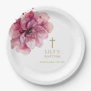 Elegant Dusty Rose Watercolor Floral Baptism Paper Plate
