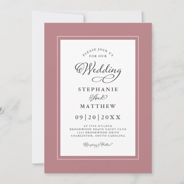 Elegant Dusty Rose Wedding Formal Chic Calligraphy Invitation (Front)