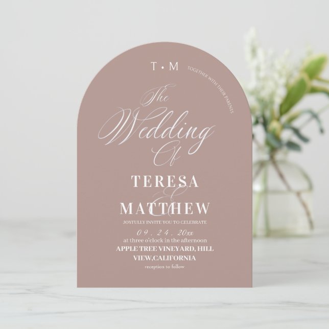 Elegant Dusty Rose & White Classic Script Wedding Invitation (Standing Front)