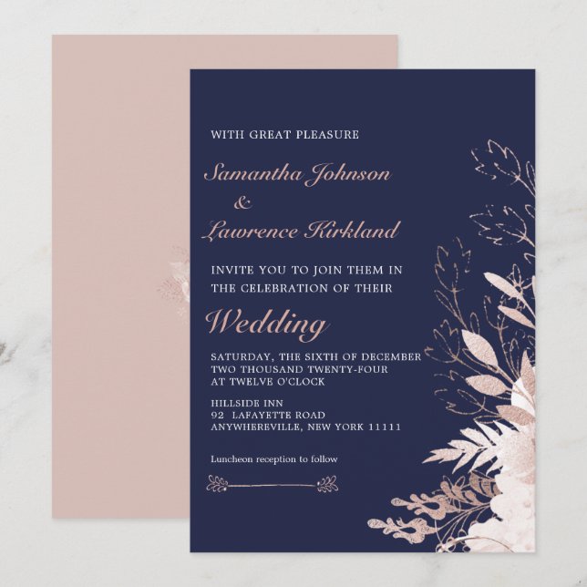Elegant Dusty Rose White Floral Navy Blue Wedding Invitation (Front/Back)