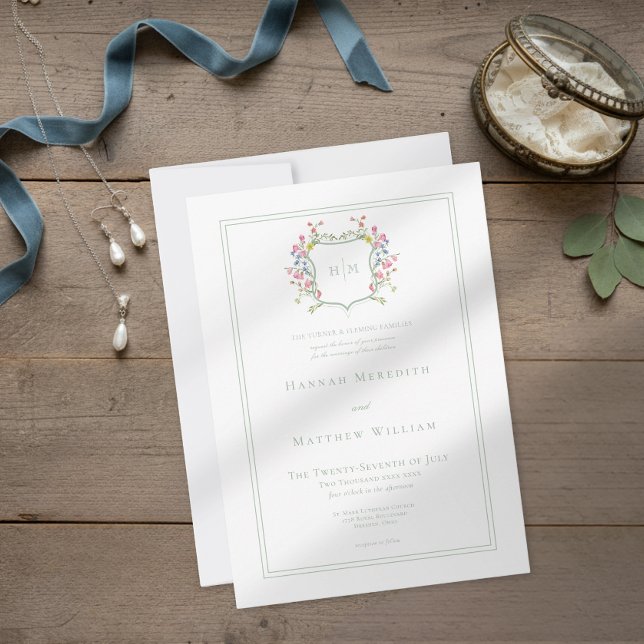 Elegant Dusty Sage Pastel Wildflower Crest Wedding Invitation (Creator Uploaded)