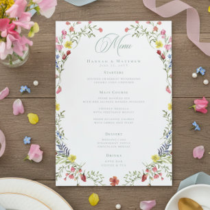 Elegant Dusty Sage Pastel Wildflower Crest Wedding Menu