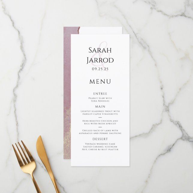 Elegant Dusty Viva Magenta Wedding Menu (Front/Back In Situ)
