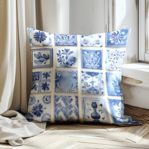 Elegant Dutch Delft Blue Vintage Floral Pattern Cushion