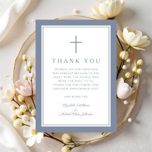 Elegant Dysty Blue Religious Cross Baptism Thank You Card