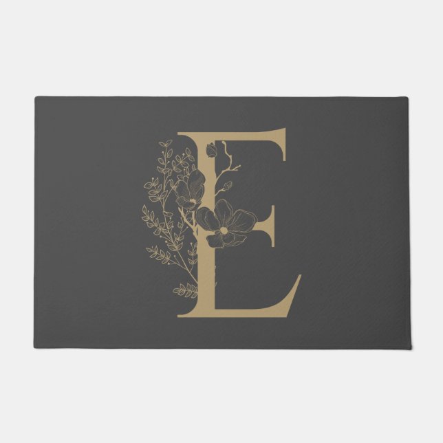 Elegant E Boho Floral Monogram Initial Grey Gold Doormat (Front)