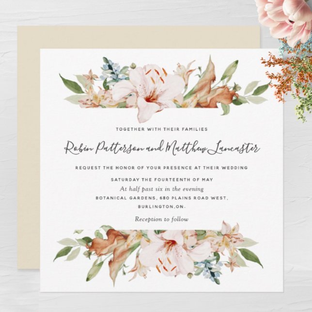 Elegant Earthy Blooms Beige White Square Wedding Invitation (Creator Uploaded)