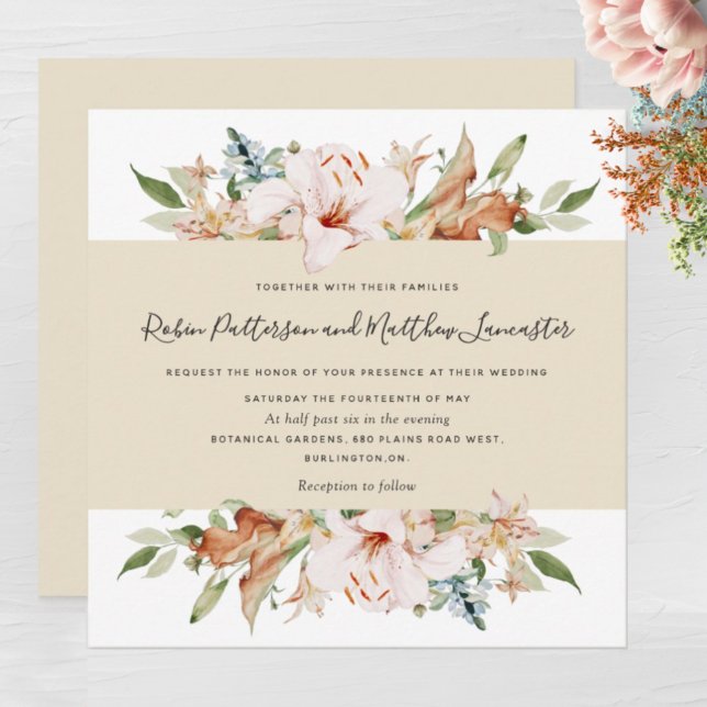 Elegant Earthy Blooms Butter Beige Square Wedding Invitation (Creator Uploaded)