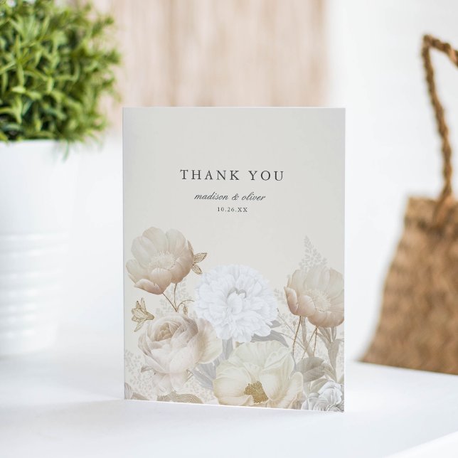 Elegant Earthy Floral Cream Neutral Chic Wedding Thank You Card (Creator Uploaded)