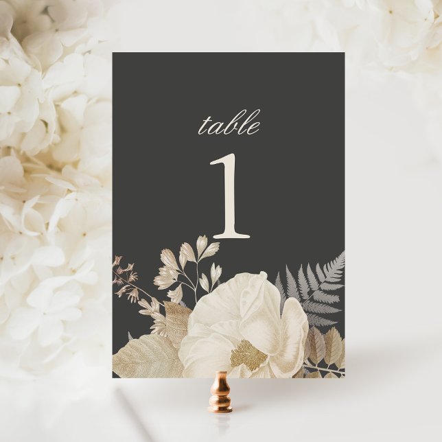 Elegant Earthy Floral Dark Grey Moody Wedding Table Number (Creator Uploaded)