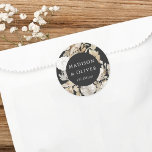 Elegant Earthy Floral Dark Grey Wedding Favour Classic Round Sticker<br><div class="desc">This lovely favour sticker design features beautiful neutral colour florals with your names and wedding date. This timeless design is an excellent choice for many styles of events, from classic to boho. Customised favour labels make a wonderful addition to your wedding reception or bridal shower decor... and adds that extra...</div>