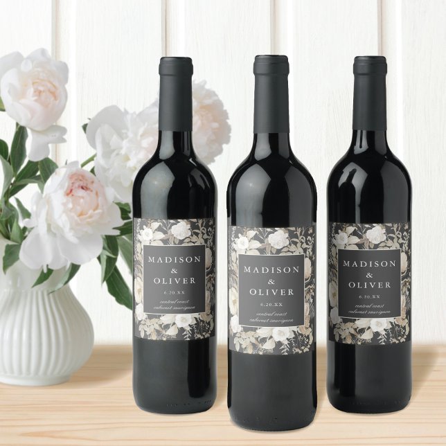 Elegant Earthy Floral Dark Grey Wedding  Wine Label (Creator Uploaded)