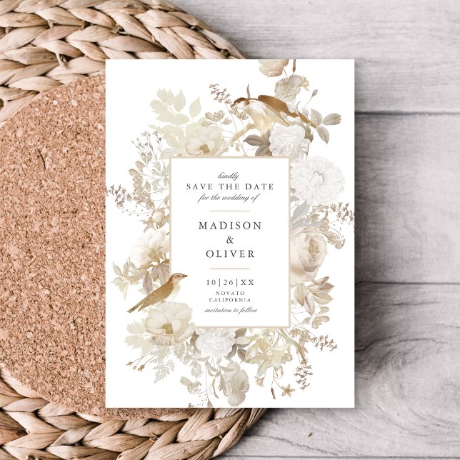 Elegant Earthy Floral White Wedding Save The Date Invitation (Creator Uploaded)
