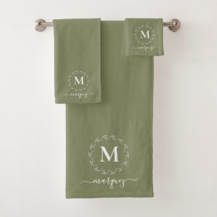 Elegant Earthy Green Personalised Wreath Monogram Bath Towel Set