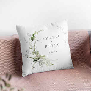 Elegant Earthy Greenery Personalised Names Date Na Cushion
