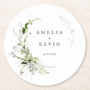 Elegant Earthy Greenery Personalised Names Date Pa Round Paper Coaster