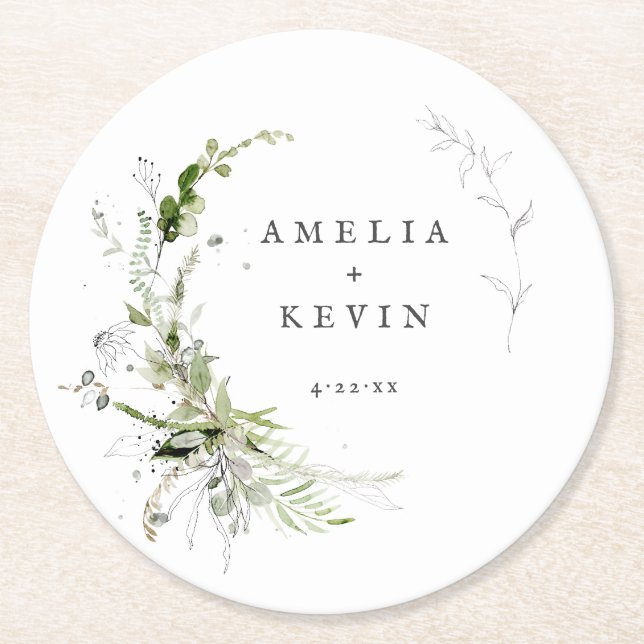 Elegant Earthy Greenery Personalised Names Date Pa Round Paper Coaster (Front)