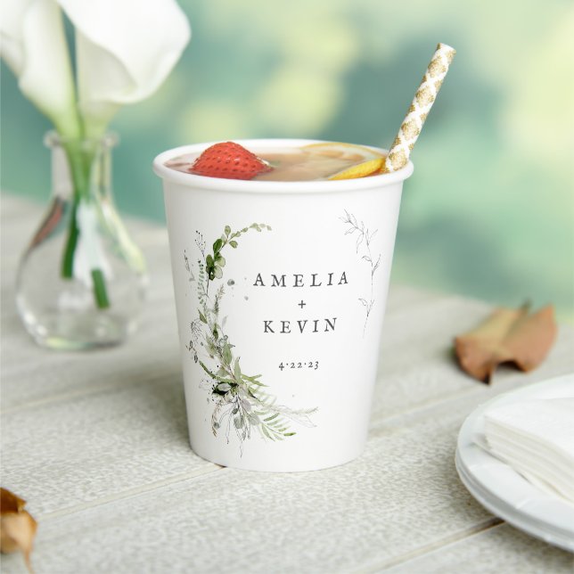 Elegant Earthy Greenery Personalised Names Date Paper Cups (Insitu)