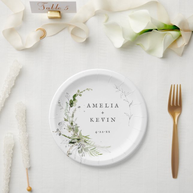Elegant Earthy Greenery Personalised Names Date Paper Plate (Wedding)