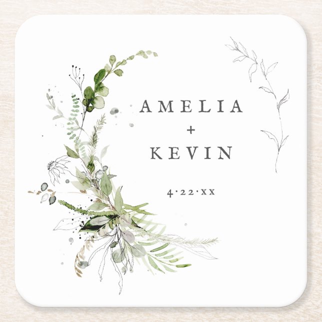 Elegant Earthy Greenery Personalised Names Date Square Paper Coaster (Front)