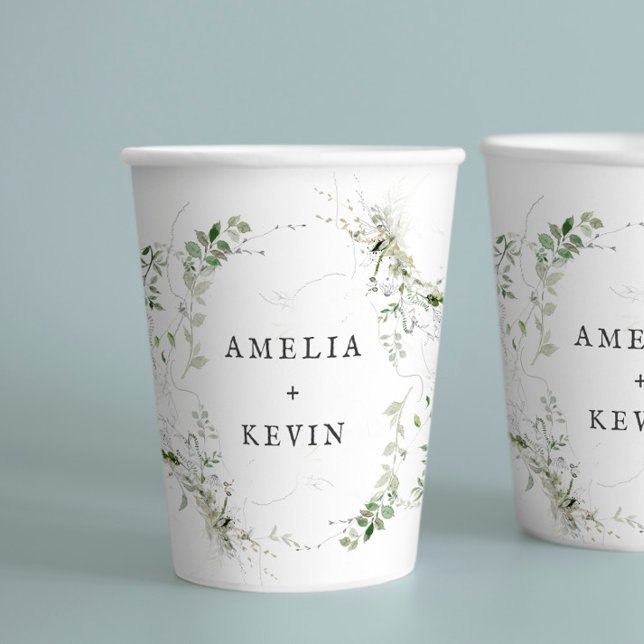 Elegant Earthy Greenery Personalised Names or Date Paper Cups (Creator Uploaded)