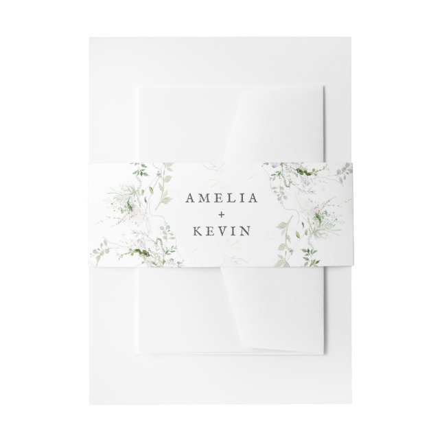 Elegant Earthy Greenery Watercolor Names Wedding Invitation Belly Band (Front Example)