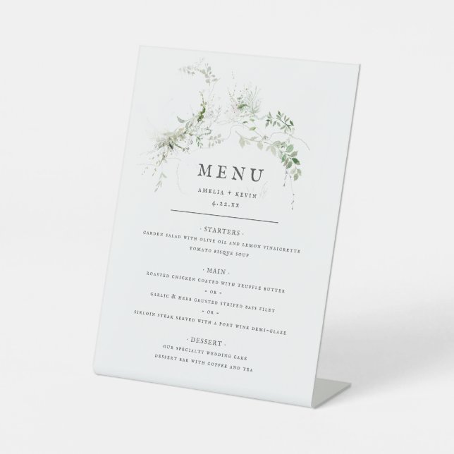 Elegant Earthy Greenery Watercolor Wedding Menu Pedestal Sign (Front)