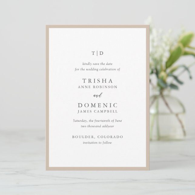 Elegant Earthy Neutral Monogram Modern Wedding Save The Date (Standing Front)