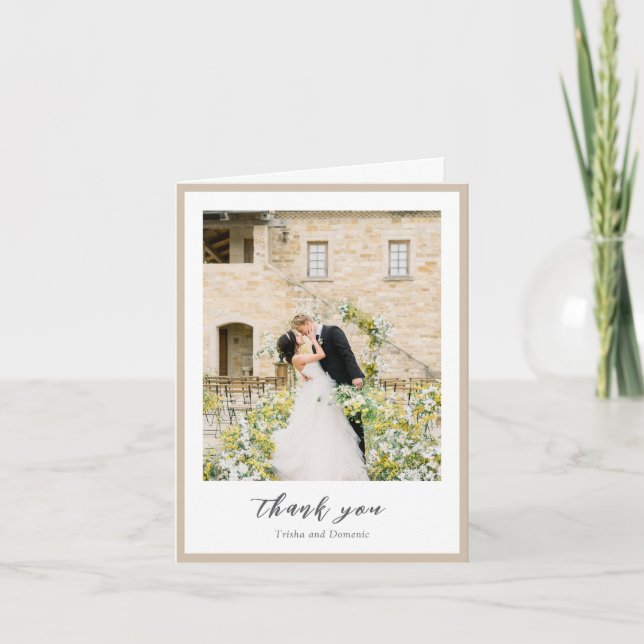 Elegant Earthy Neutral Photo Modern Wedding Thank You Card (Front)